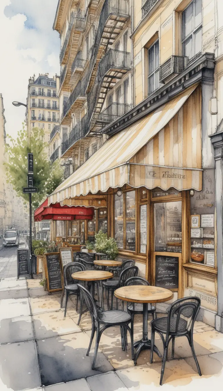 Cafeteria de rua em Paris com ilustração arquitetônica em aquarela detalhada