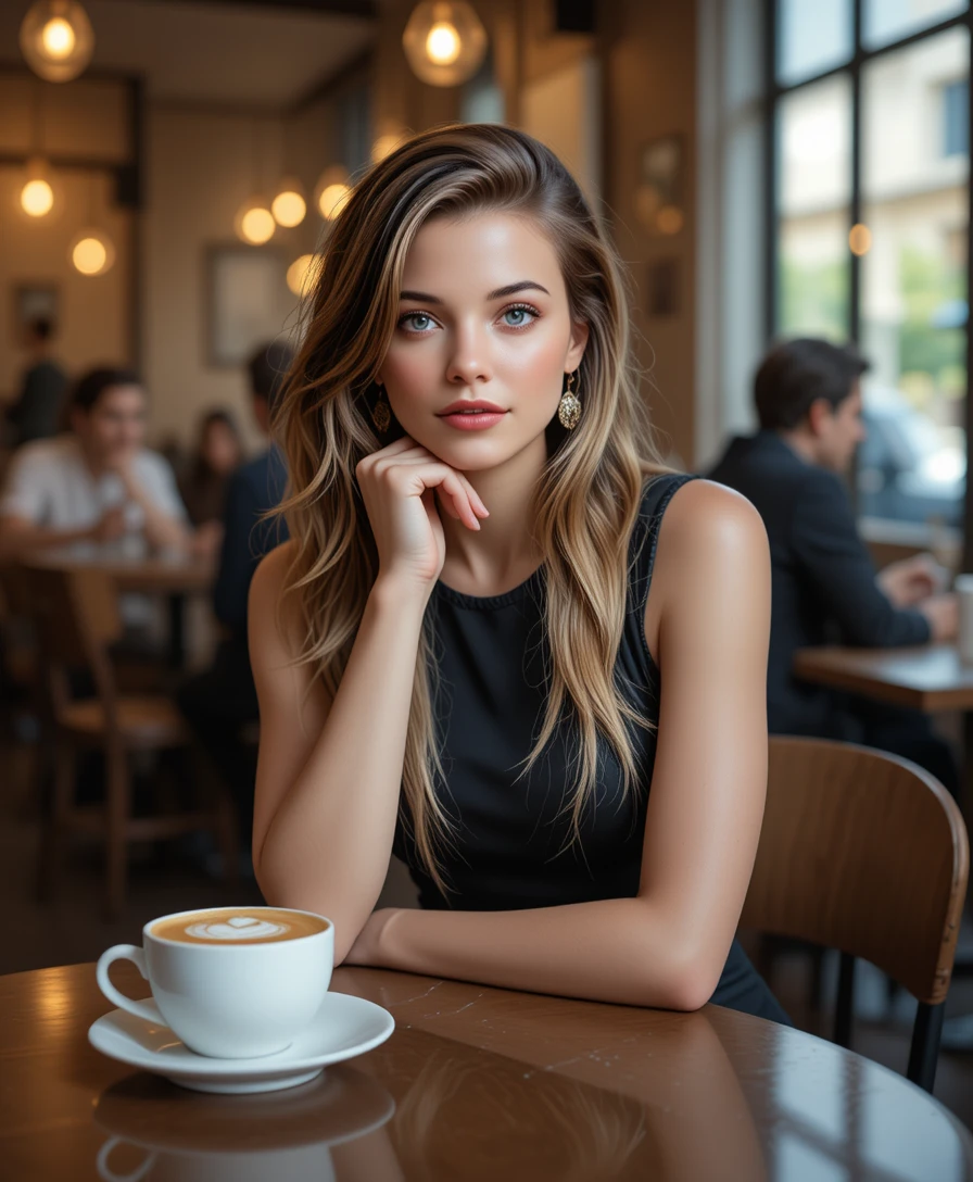 Donna bionda in abito nero seduta a un tavolino di caffè accogliente