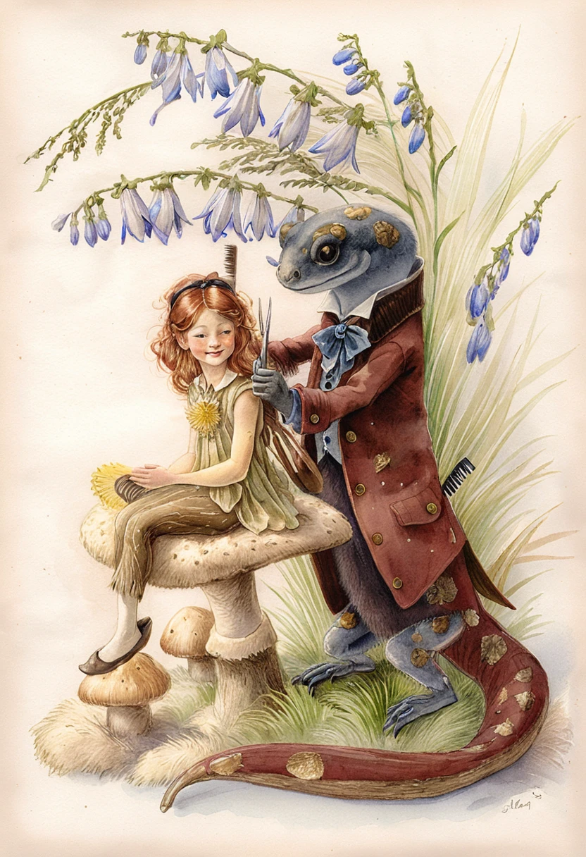 Red haired fairy on a mushroom with a dapper salamander