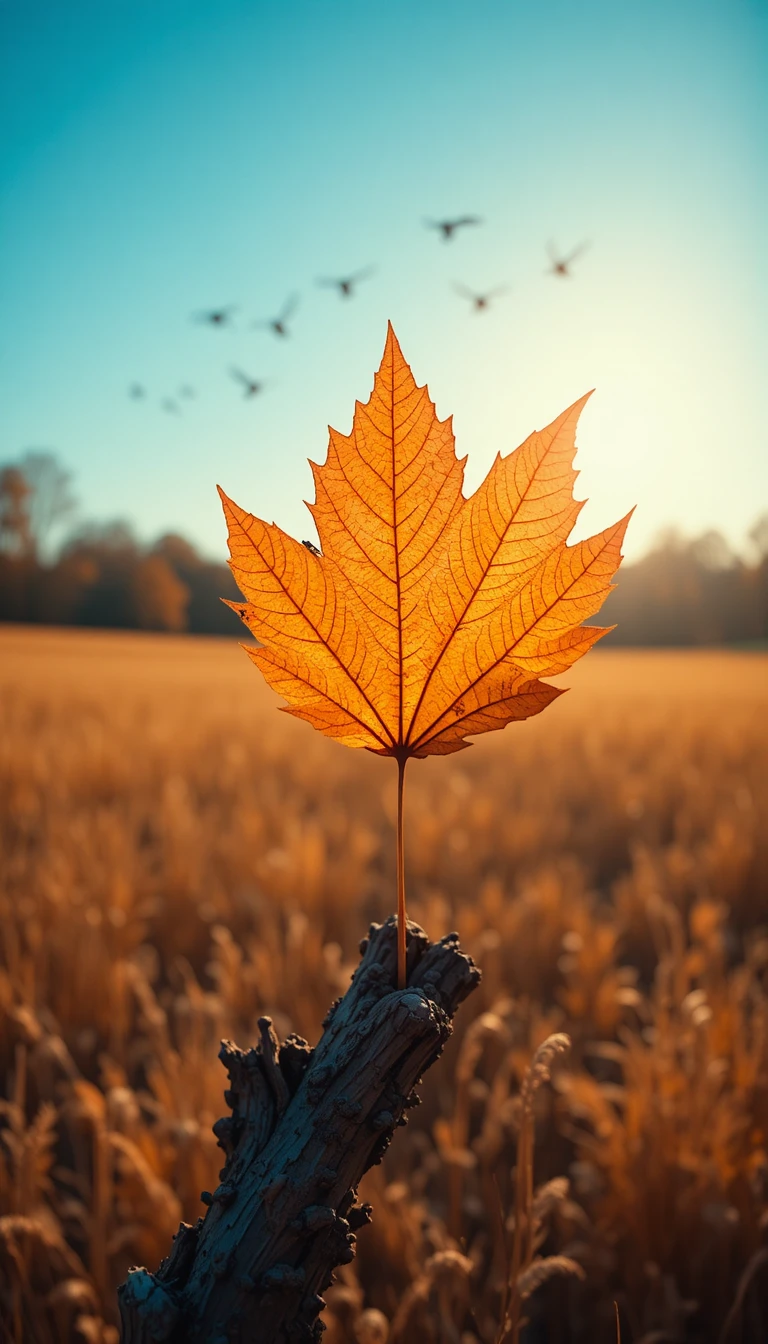 Feuille dorée sur une branche sous un ciel d’automne bleu et radiant