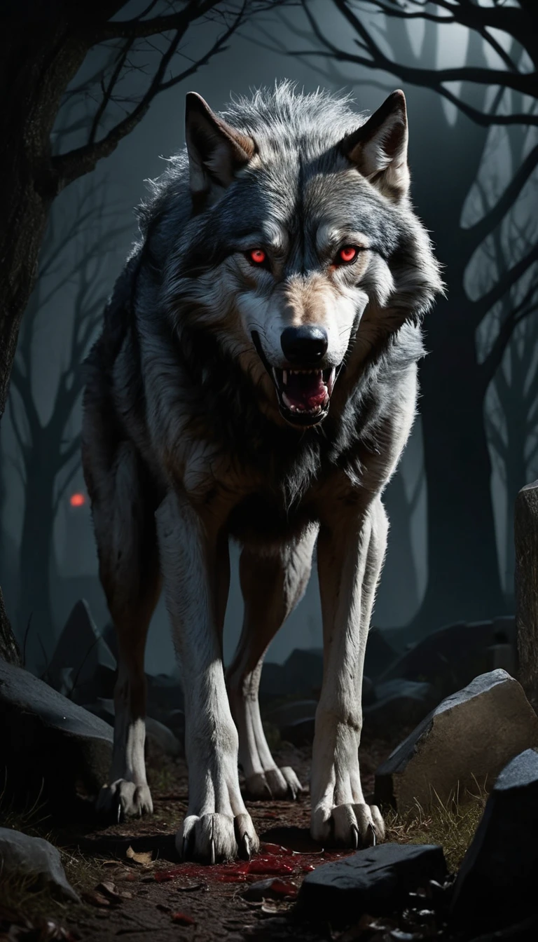 Blood eyed wolf like monster in a night graveyard