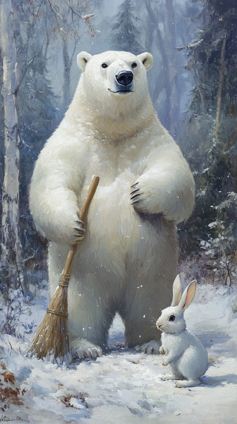 Urso‑polar varrendo neve ao lado de um coelho em floresta de inverno