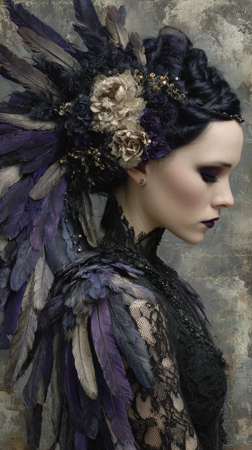 Dark feathered fairy portrait in gothic fantasy style