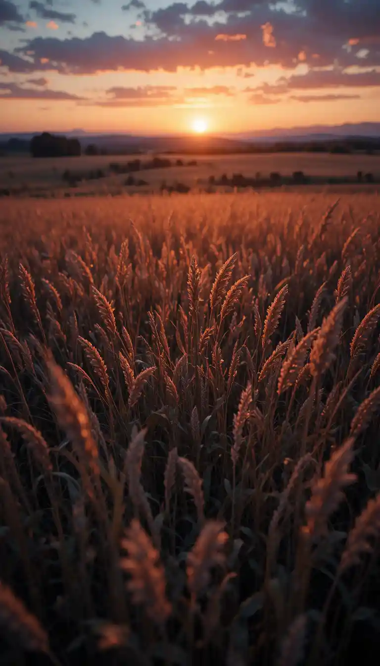 Kinematische Wiese mit hohem Gras in leuchtender Dämmerung