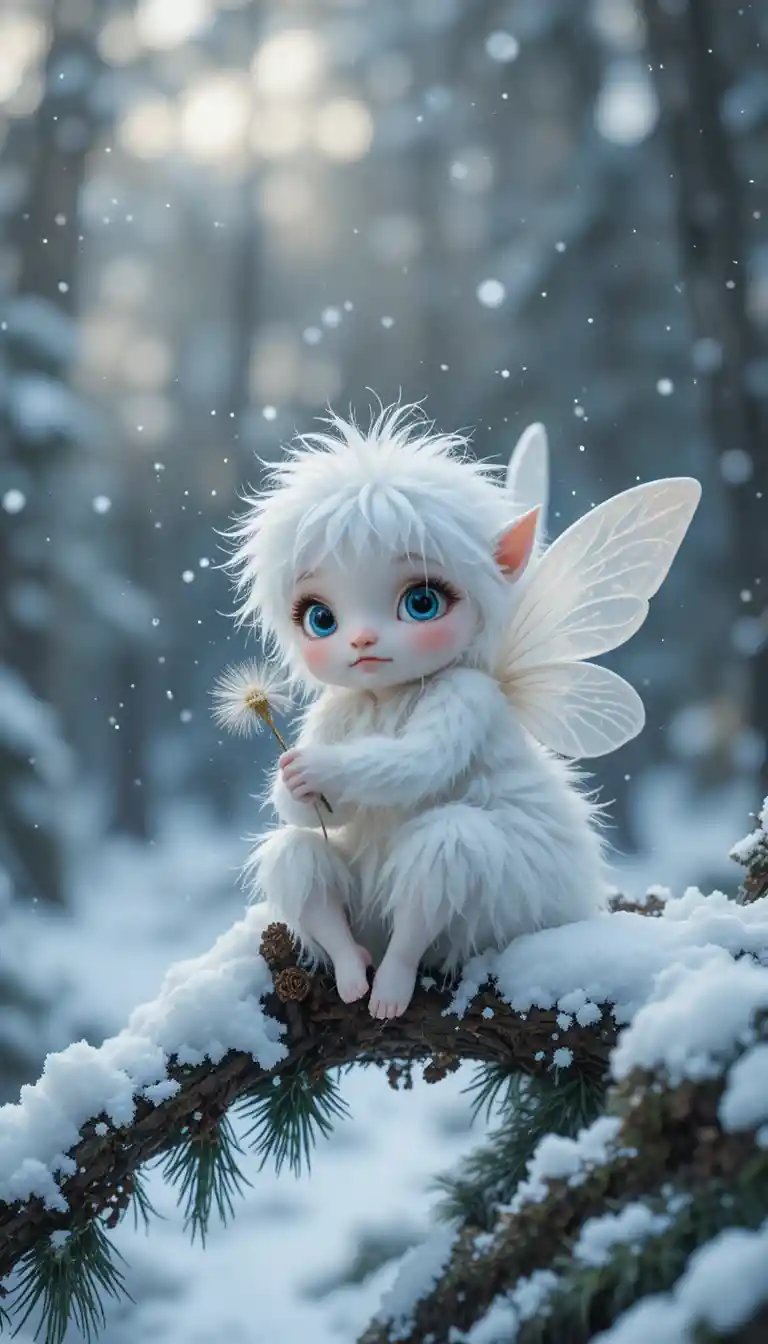 Hada blanca adorable en rama de pino nevada al atardecer