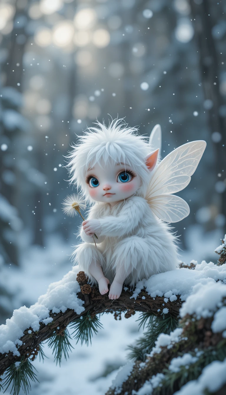 Adorable fée blanche sur une branche de pin enneigée au crépuscule