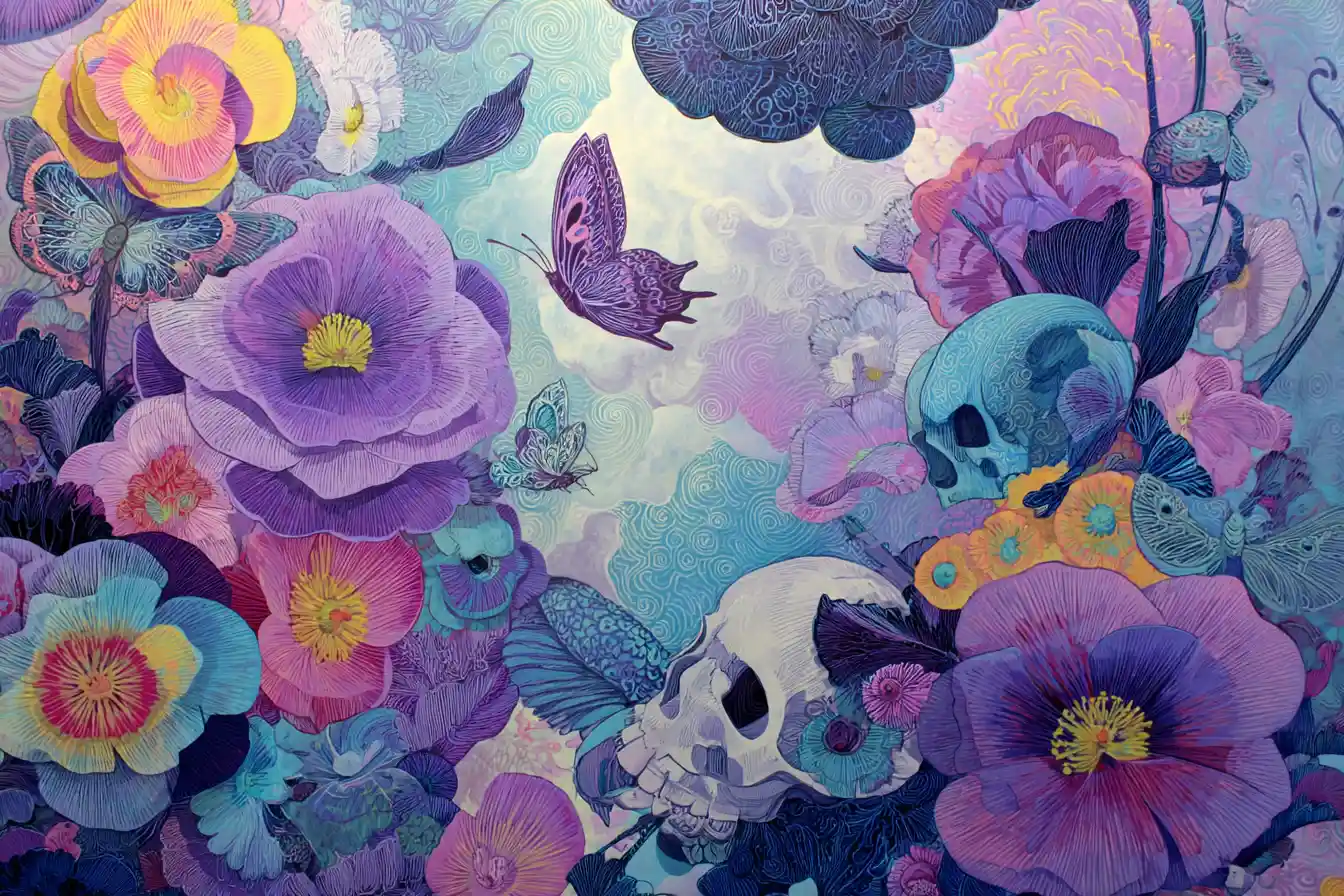Illustration surréaliste violette avec crânes et fleurs ludiques
