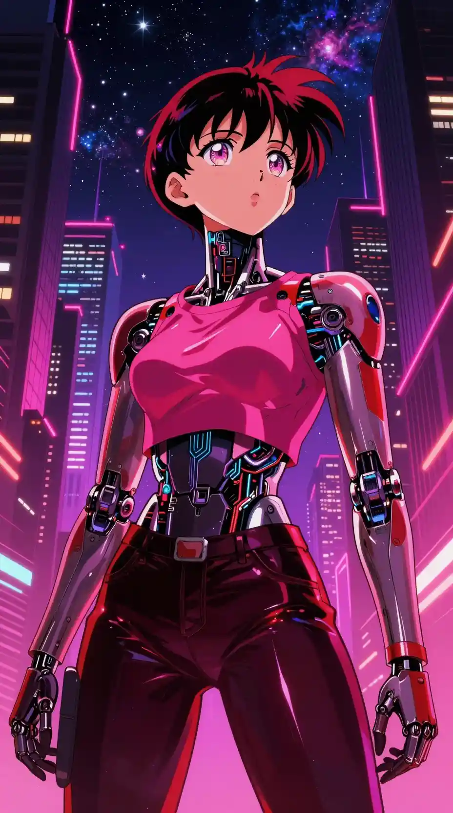 Android-Held unter Neonhimmel in einer Cyberpunk-Stadtstraße