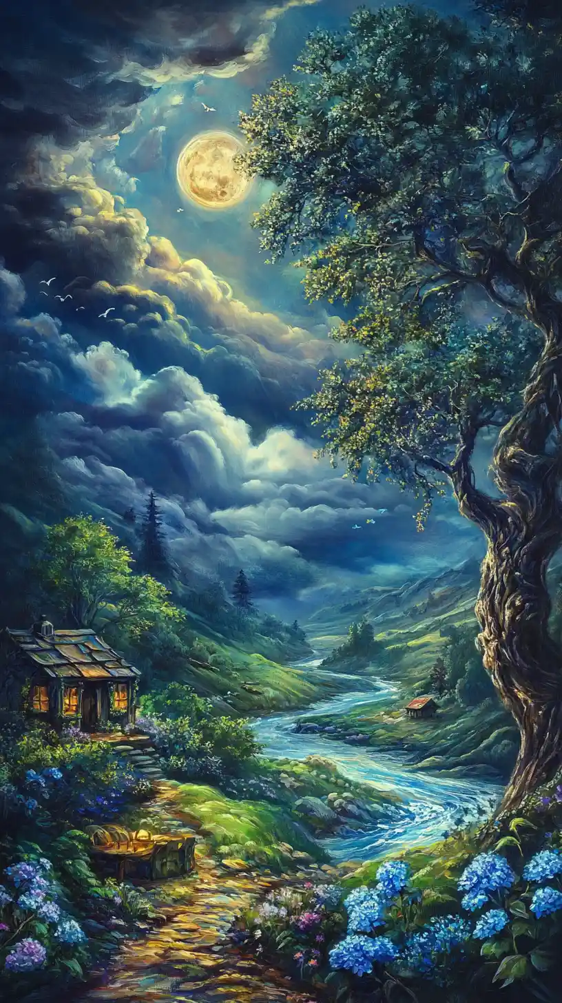 Cute mouse eating pickles in a moonlit riverside landscape