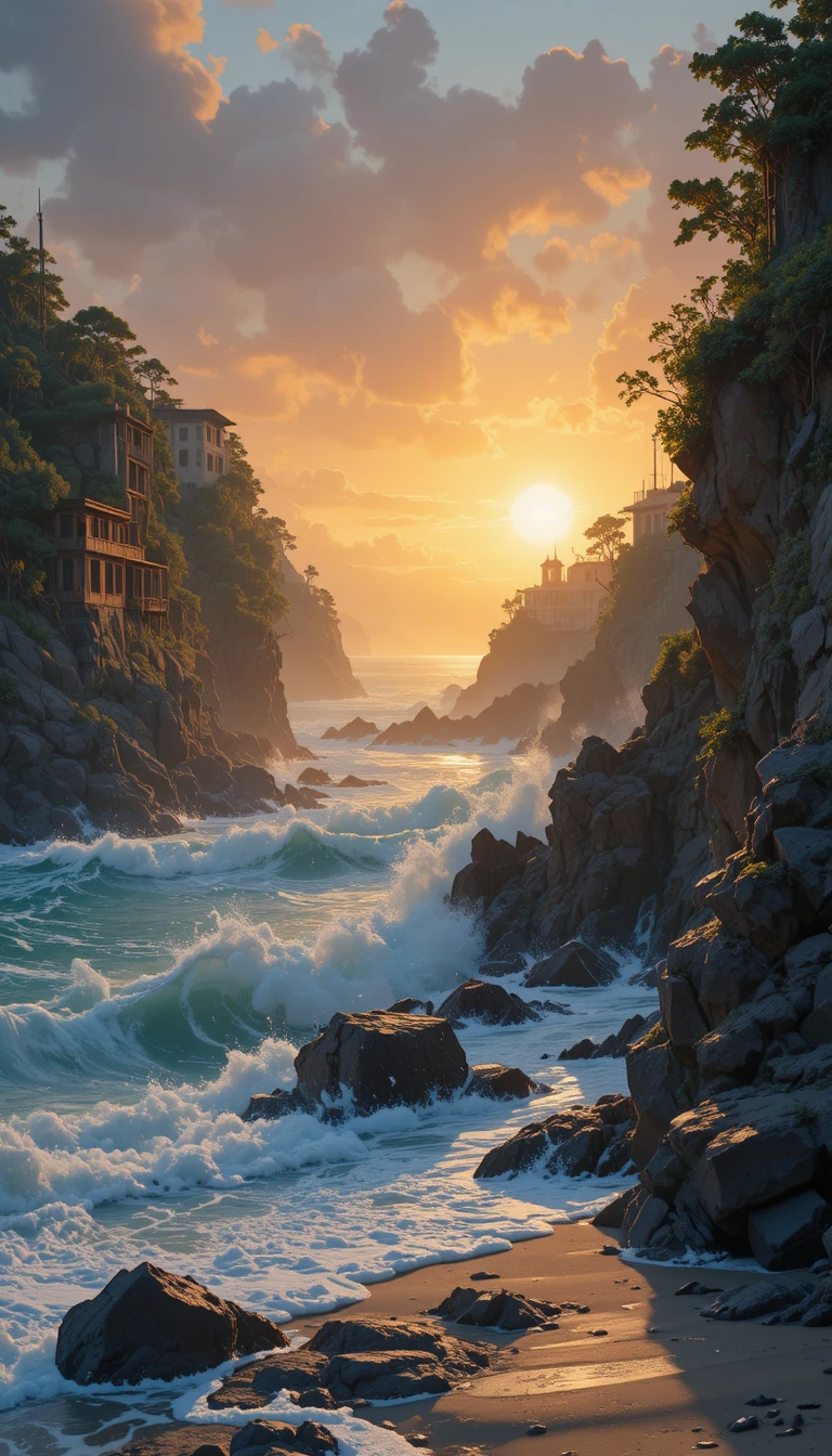 Rugged coastal cliffs and waves at sunset with ruins