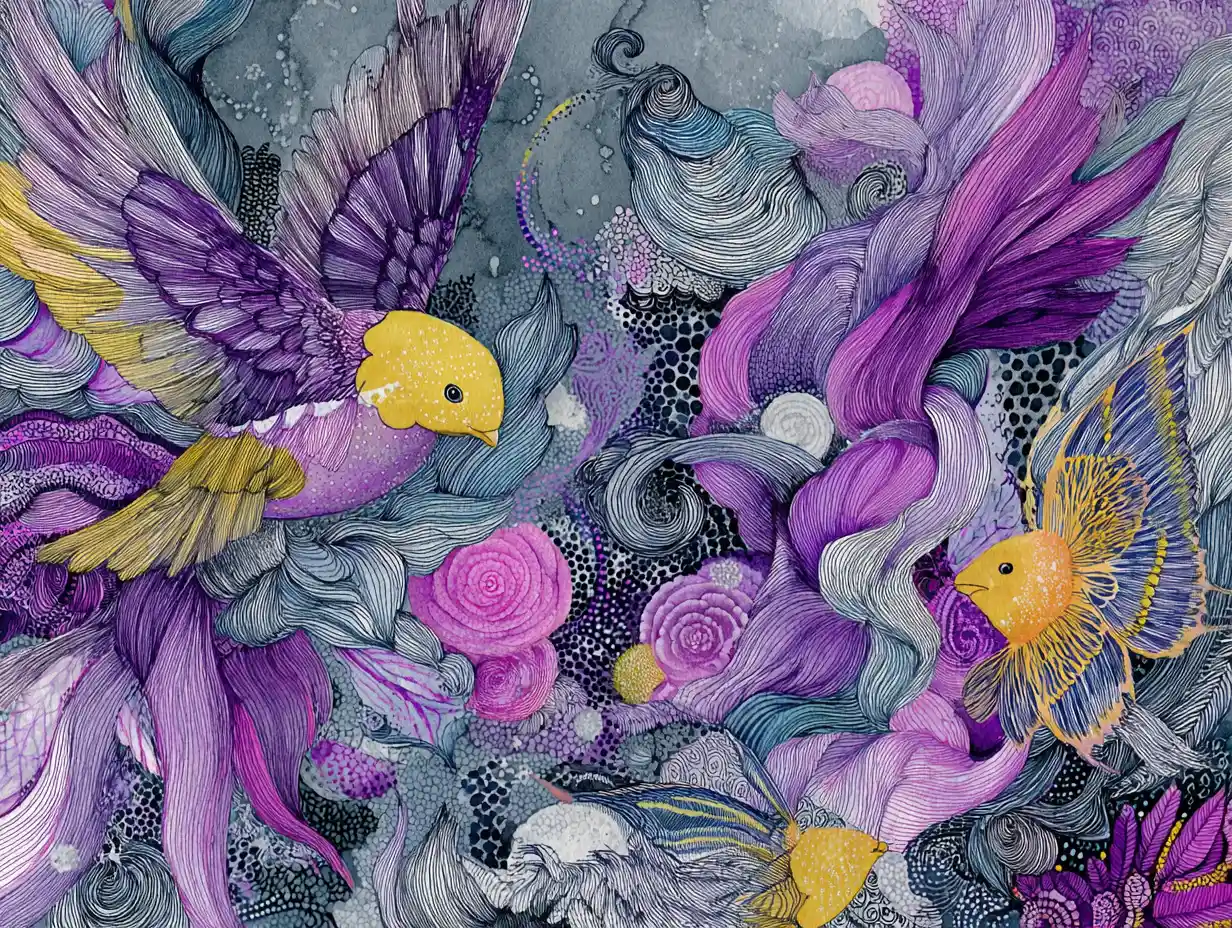 Surreal pop art illustration with playful purple skull motifs