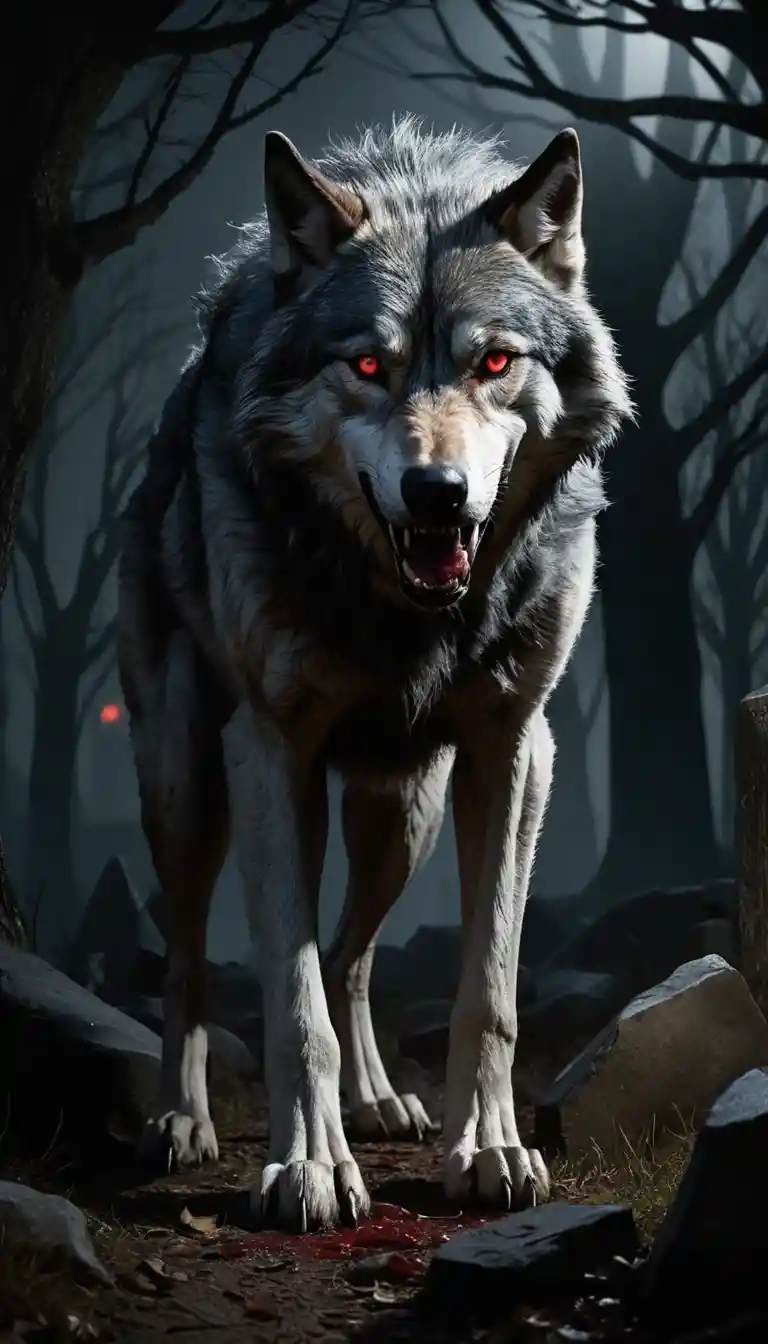 Blood eyed wolf like monster in a night graveyard