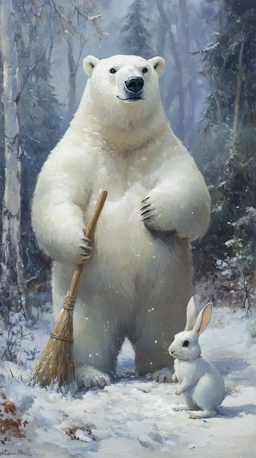 Urso‑polar varrendo neve ao lado de um coelho em floresta de inverno