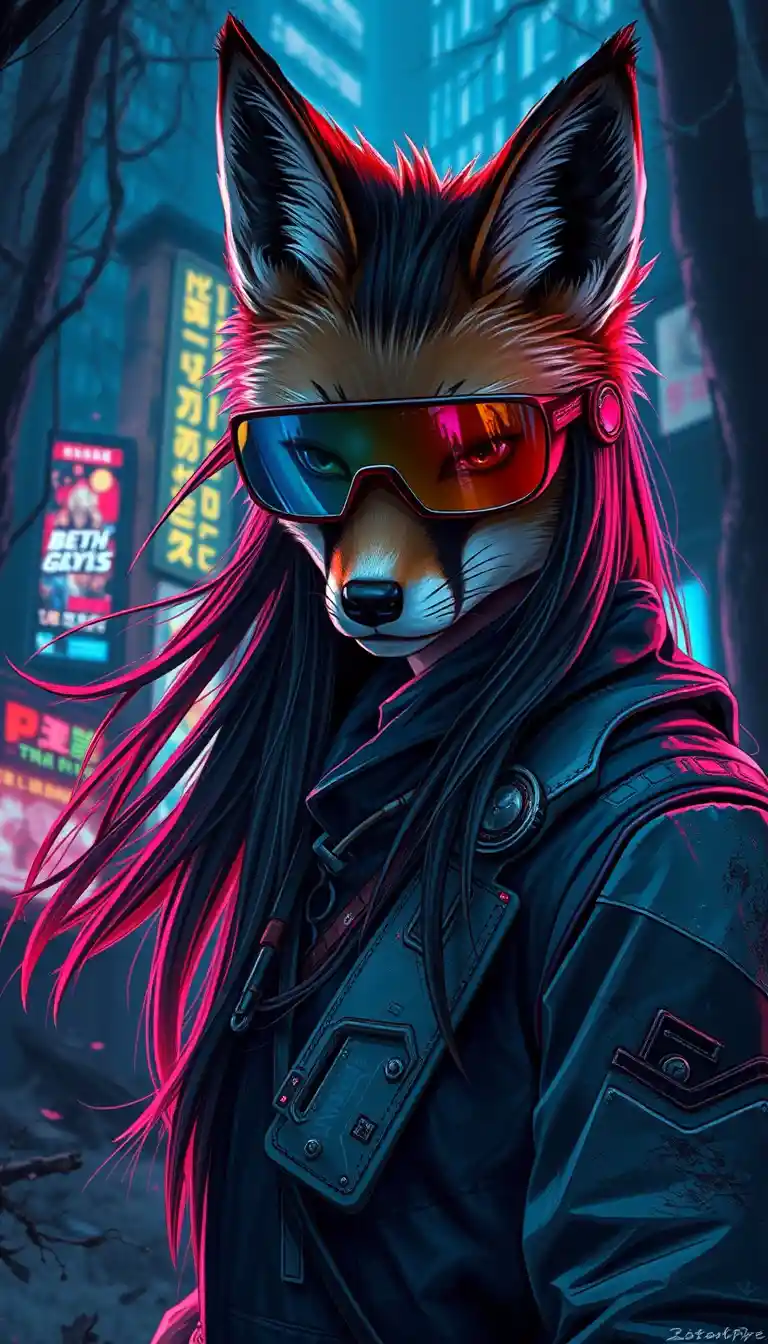 Cyberpunk-Fuchsfigur mit reflektierendem Visier im Neonwald