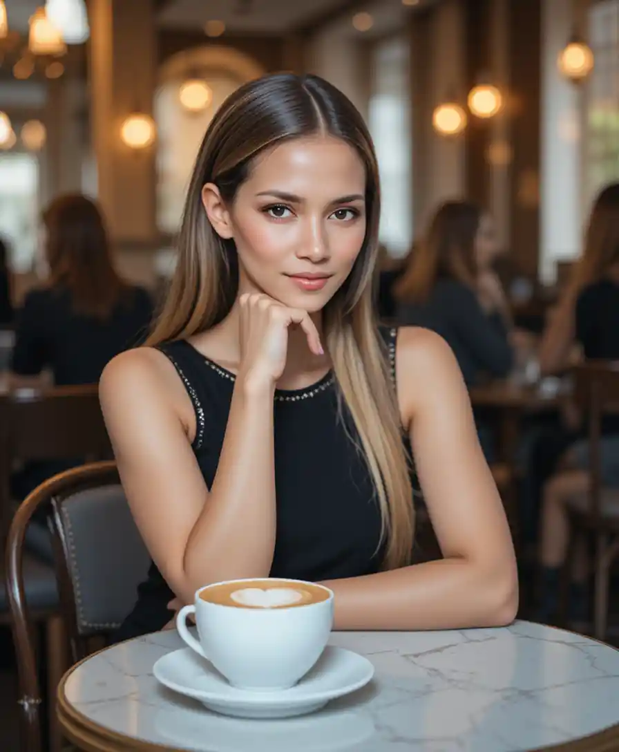 Blonde woman in black dress sitting at cozy cafe table