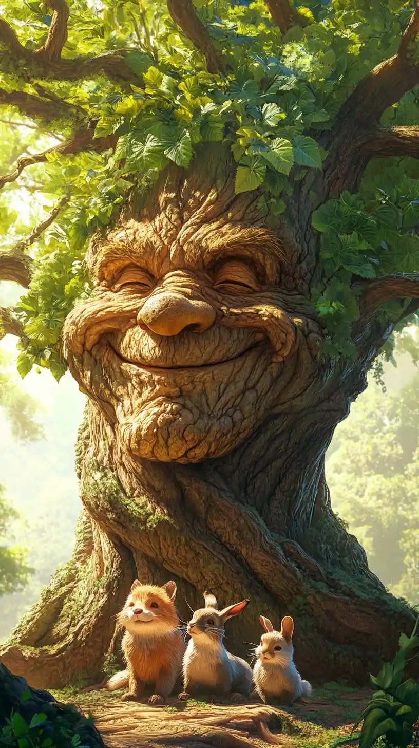 Cheerful forest animals listening to a talking tree