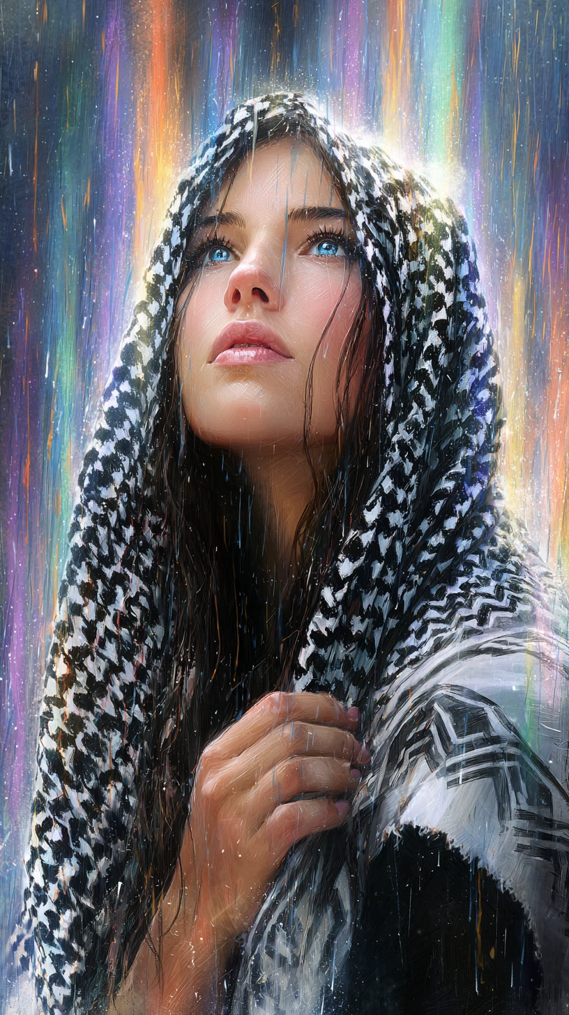 Jeune femme en keffieh levant les yeux sous une pluie lumineuse