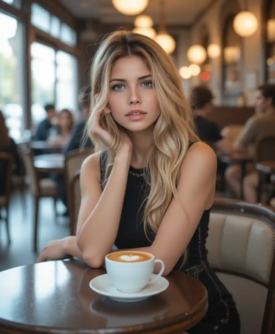 Donna bionda che si rilassa a un tavolino del bar con latte art