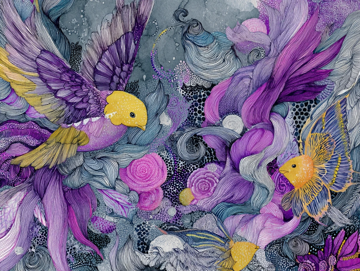 Surreal pop art illustration with playful purple skull motifs
