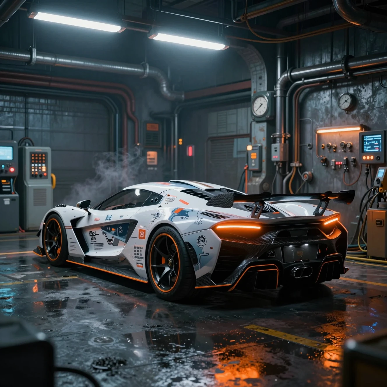 Supercar futuriste dans un garage industriel éclairé au néon