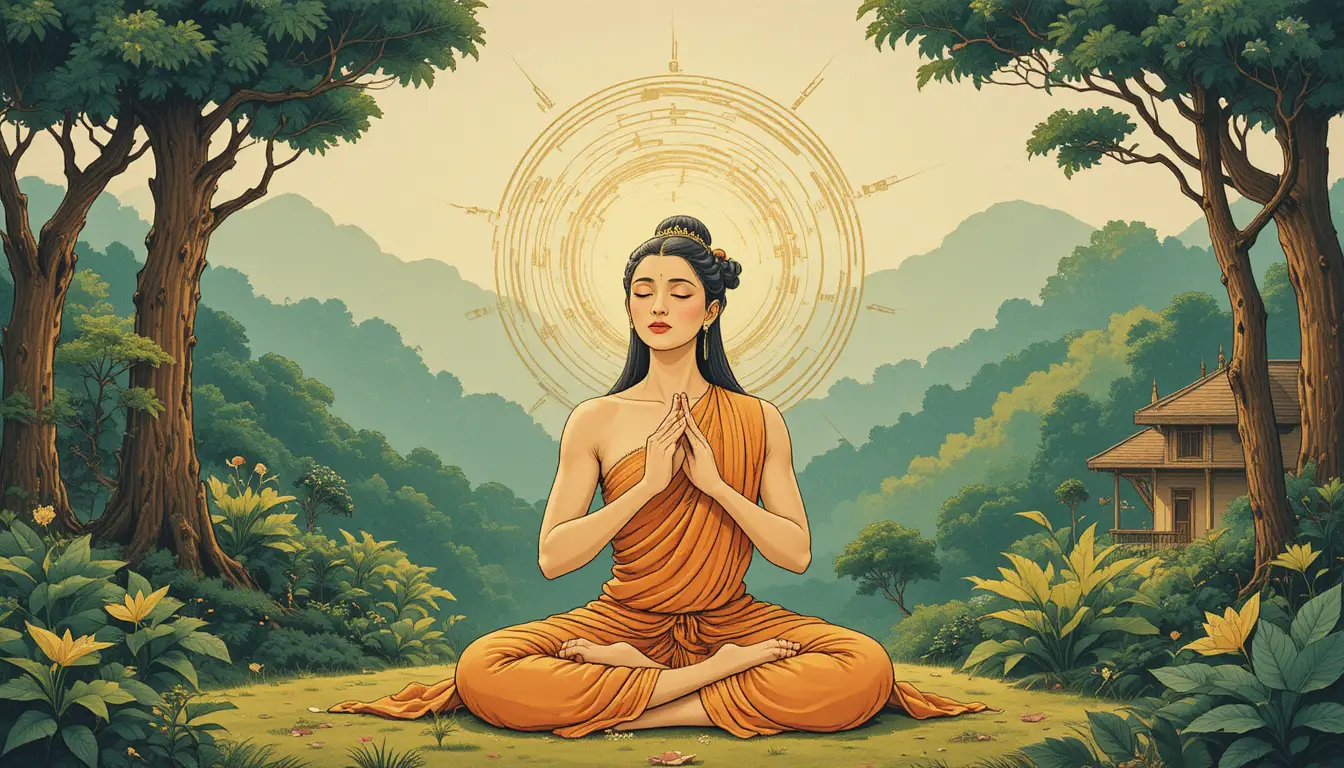 Yogi en méditation chantant dans un paisible ashram au cœur de la forêt
