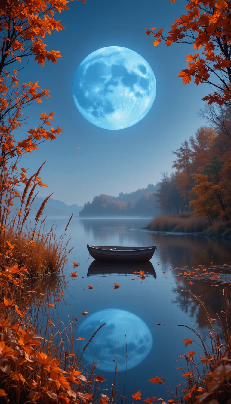 Calm Autumn Lake With Rowboat Under Bright Harvest Moon