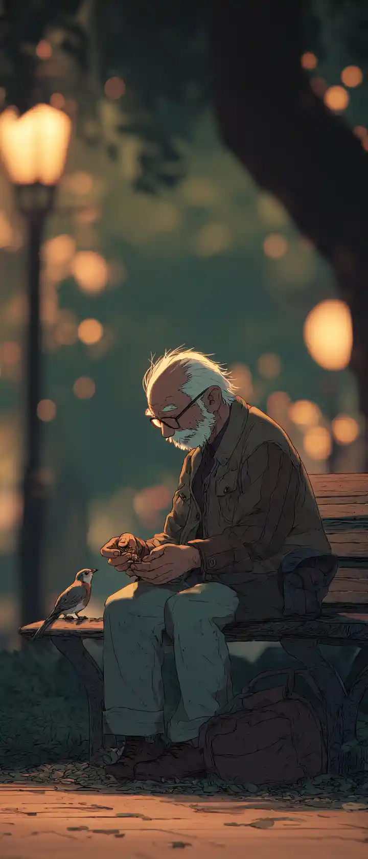 Elderly man feeding injured sparrow on a quiet park bench