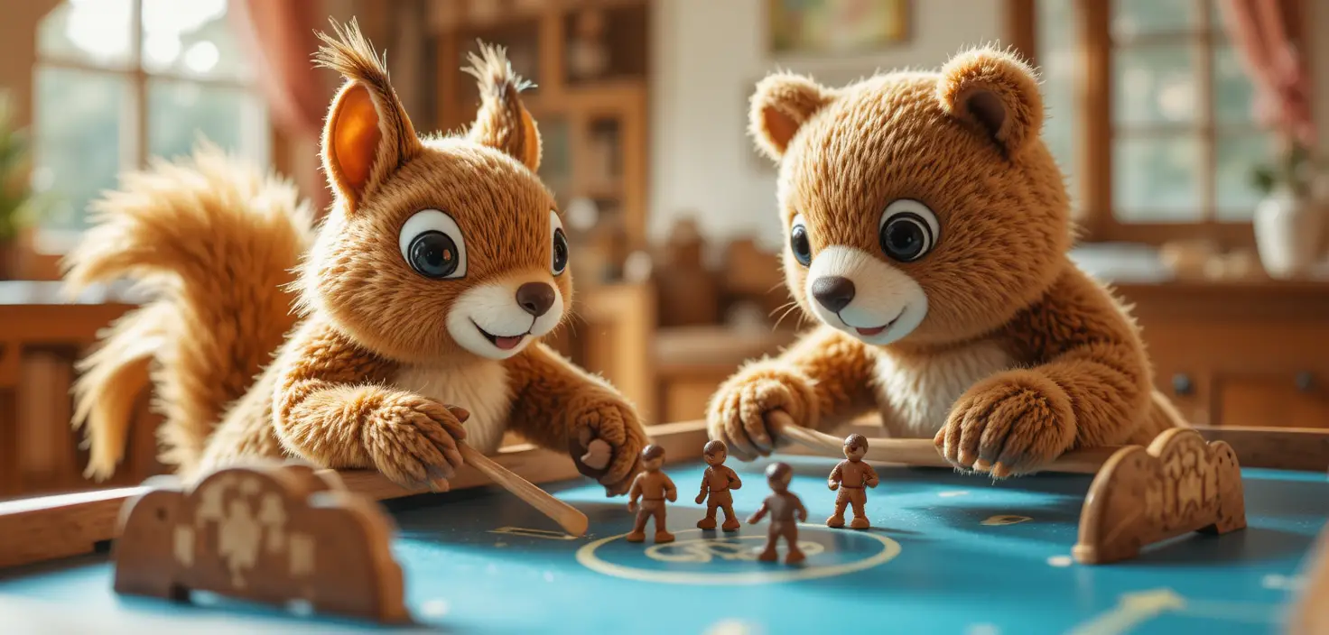 Plush animals playing wooden table hockey in sunlight