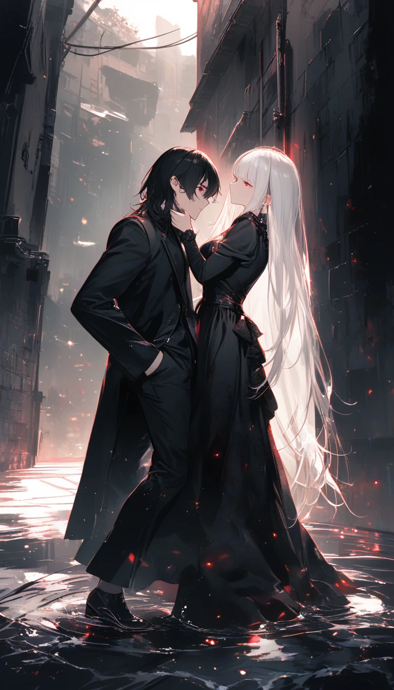 Albino girl in black outfit in a dim urban alley