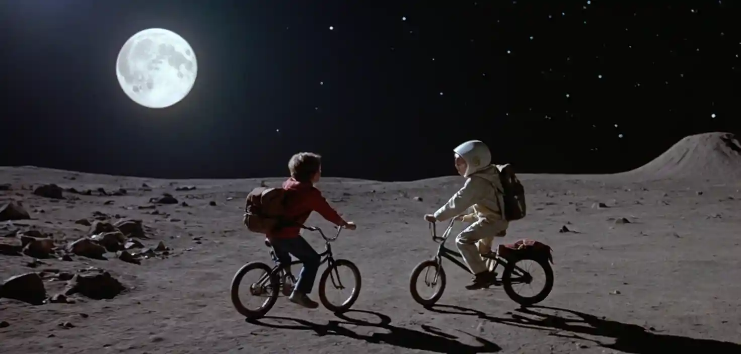満月の夜空を飛ぶシルエットのBMX自転車