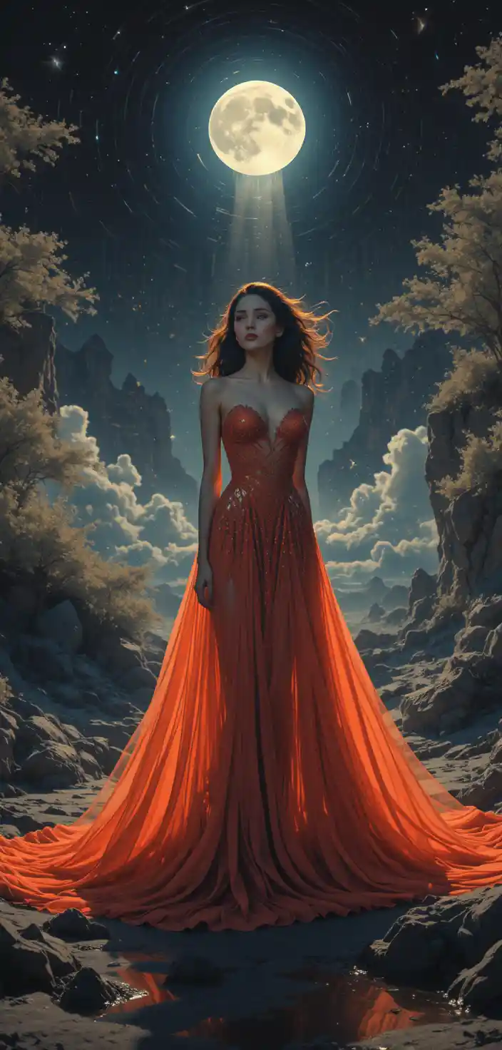 Dramatic wide shot of a woman under the moonlight
