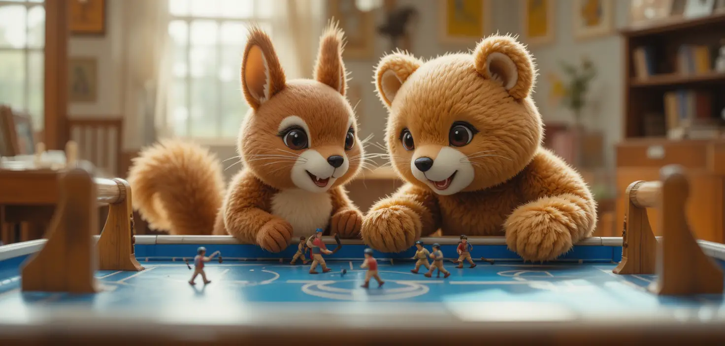 Close up plush animals playing vintage wooden table hockey