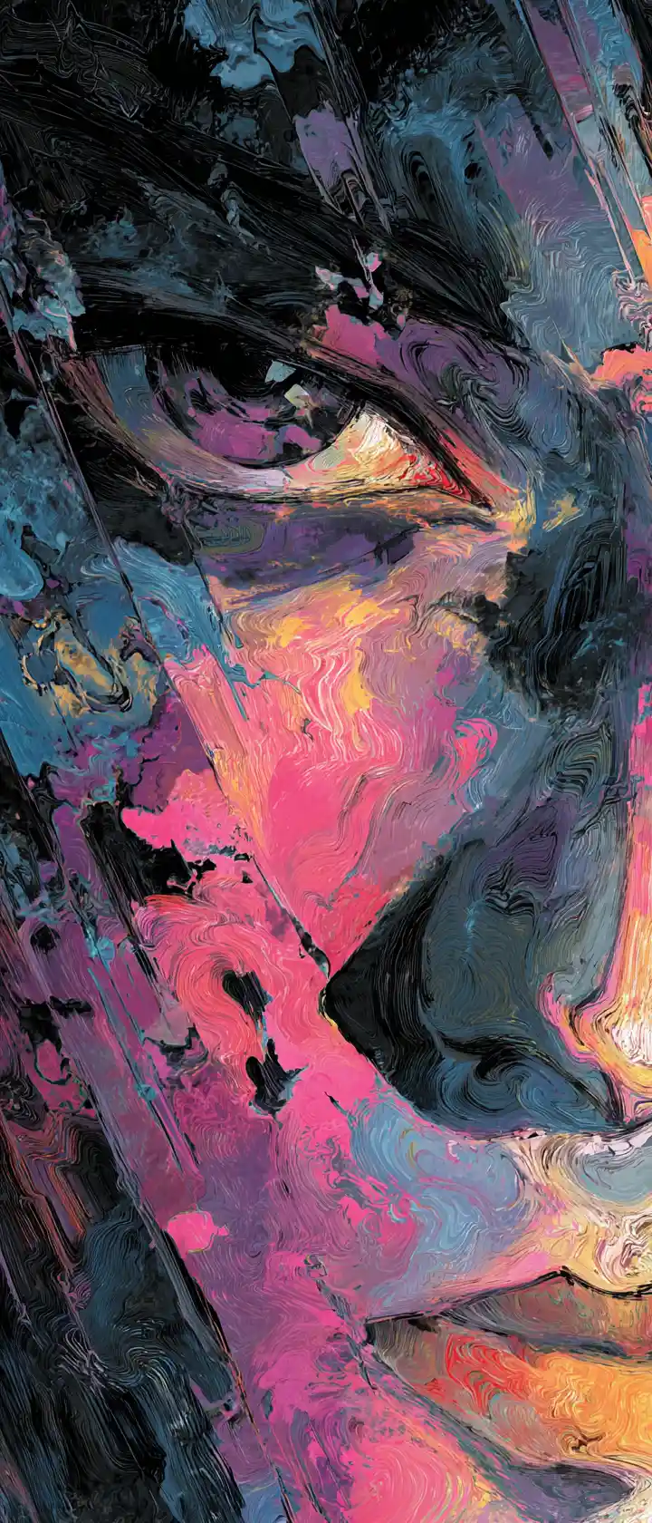 Ritratto surreale che si dissolve in vortici di colori emozionali