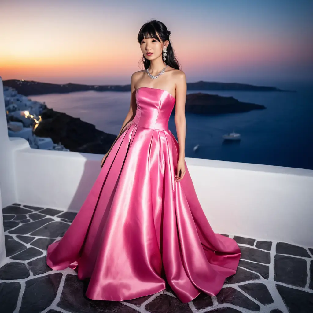 Elegante mulher japonesa com vestido de cetim rosa à noite em Santorini