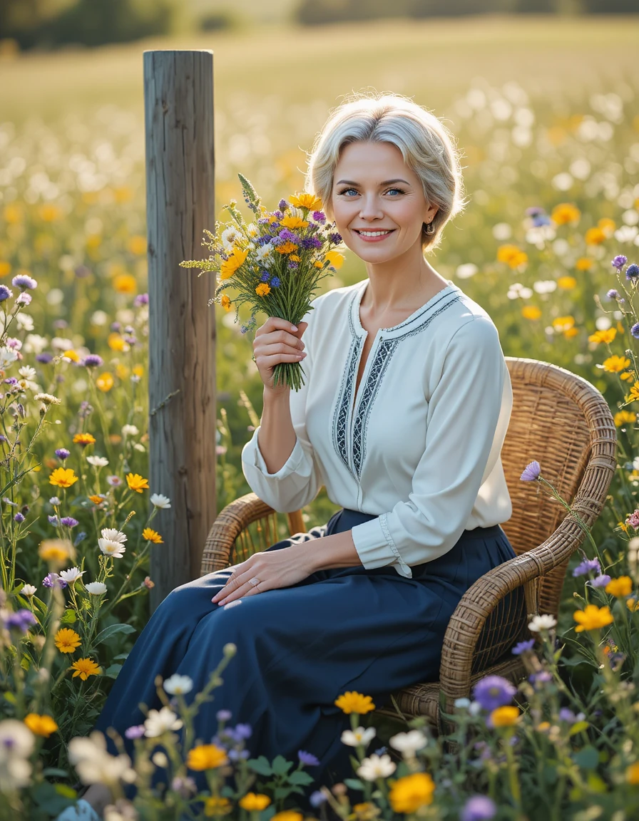 Mulher mais velha cheirando flores silvestres em um prado ensolarado