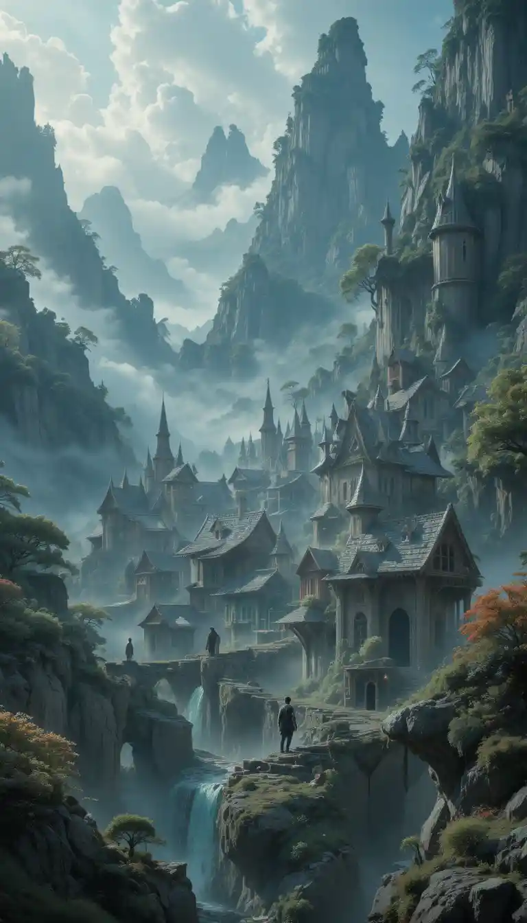 Surreal village hidden in a mist filled valley