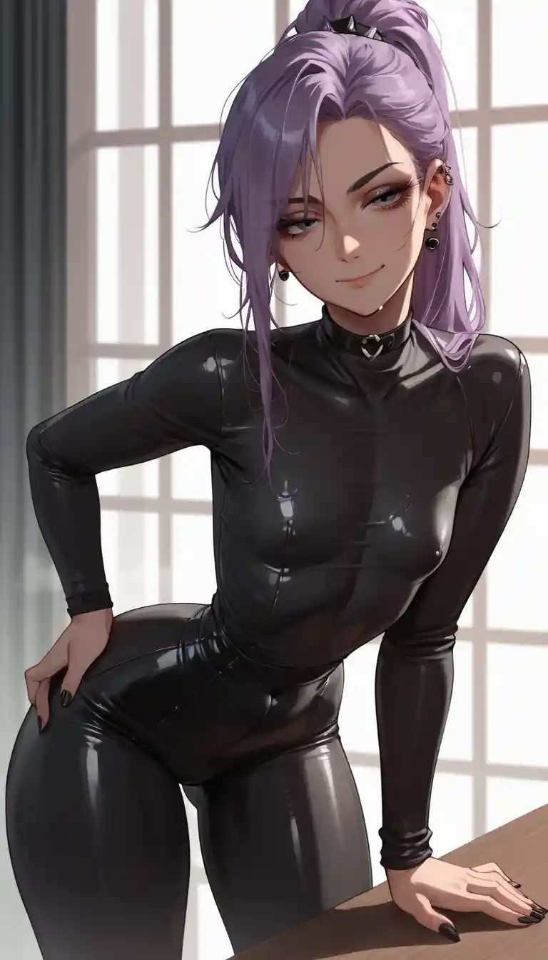 Fille d’anime en body noir avec longue queue de cheval violette
