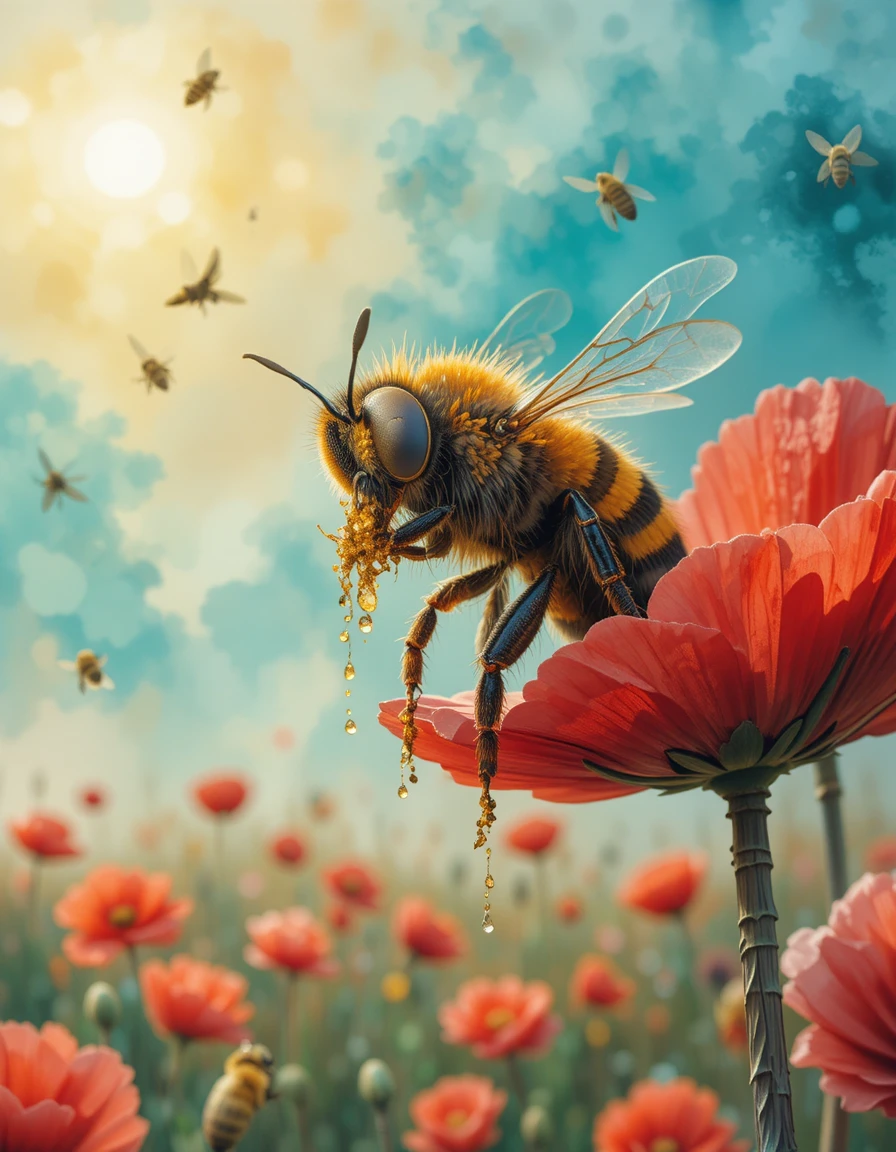 Cheerful Bee On Red Poppy In Dreamy Floral Field