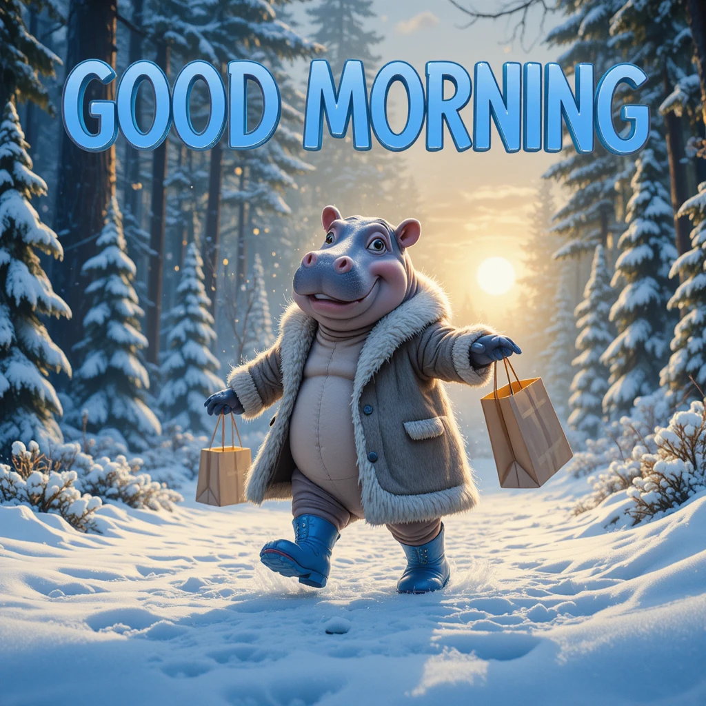 Adorable hippopotame en tenue d’hiver dansant dans une forêt enneigée