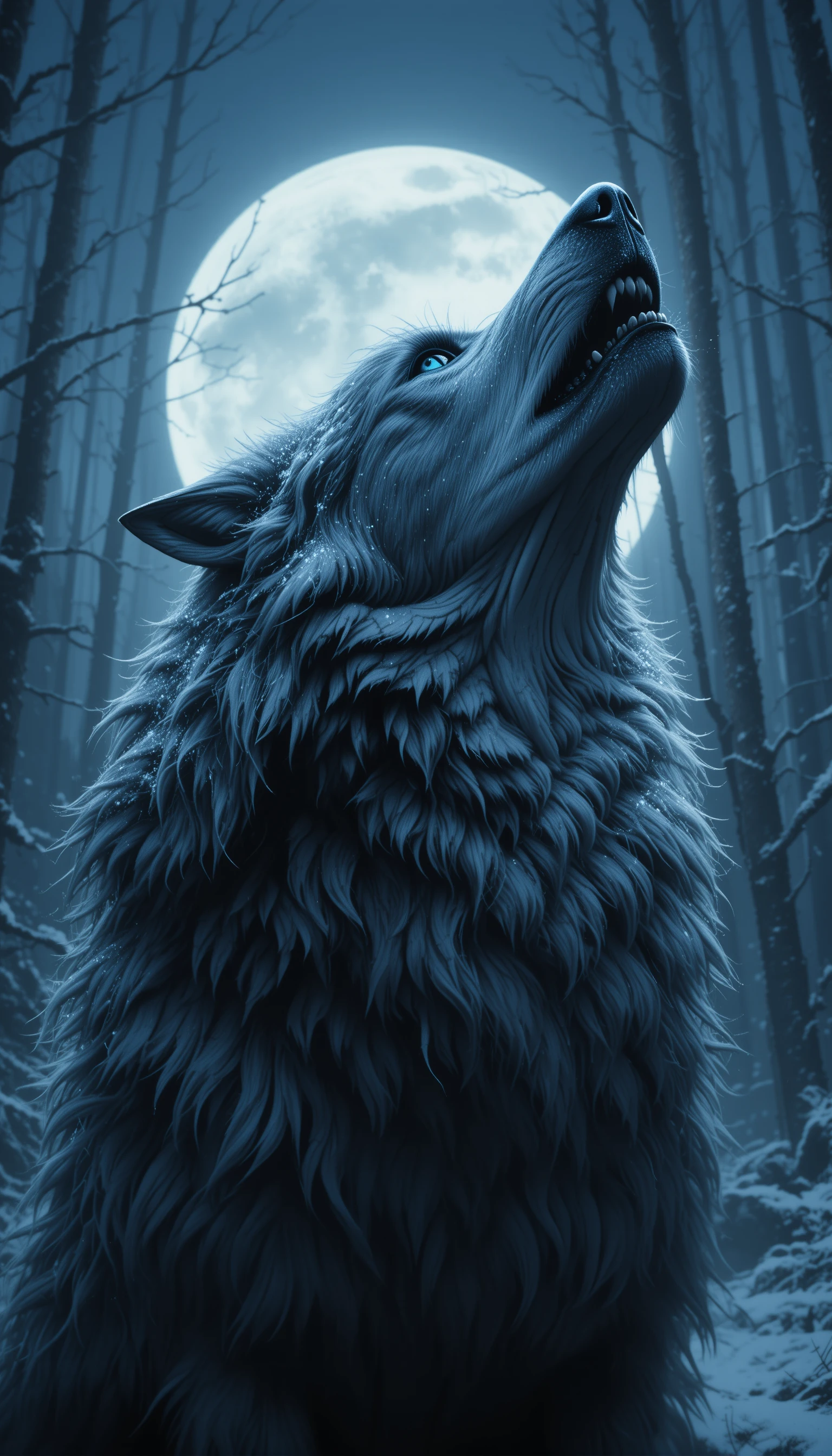 Lobo uivando de perto em uma floresta escura de inverno