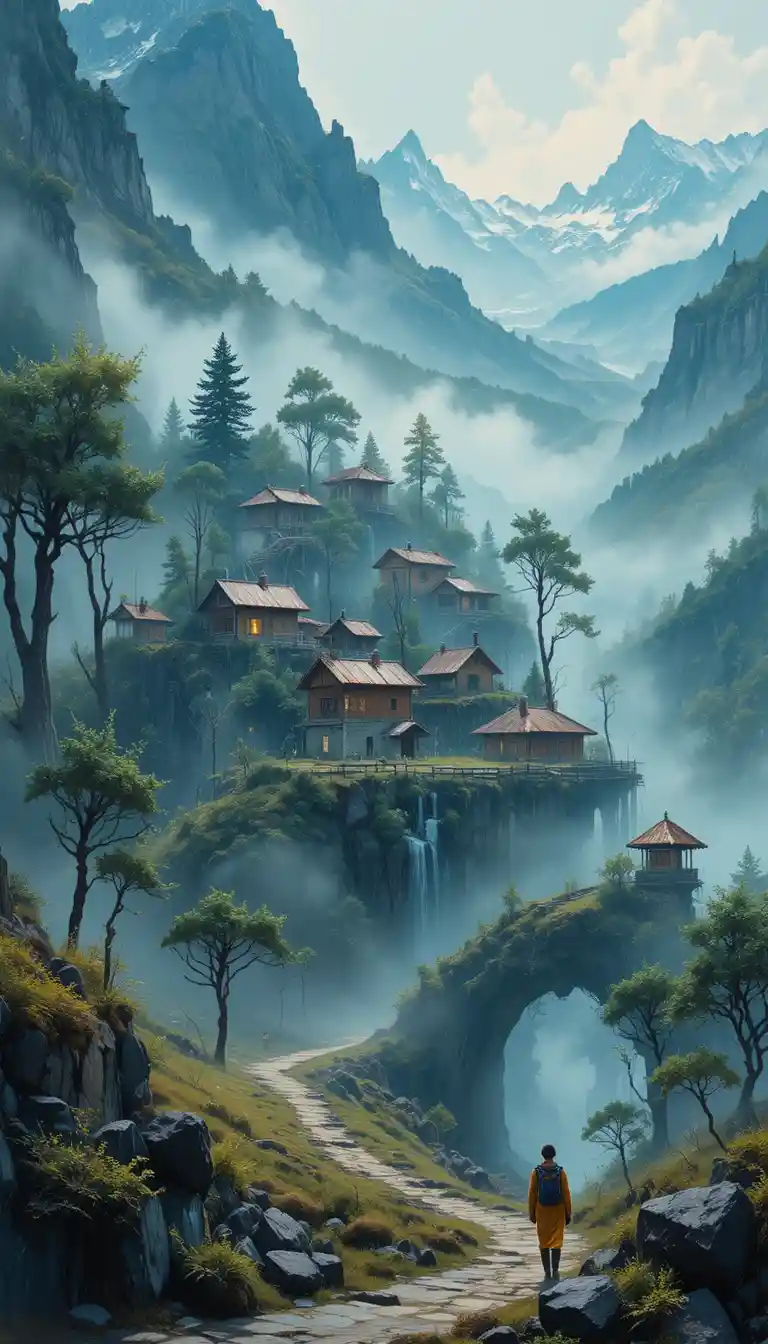 Surreal village hidden in a misty dreamlike valley
