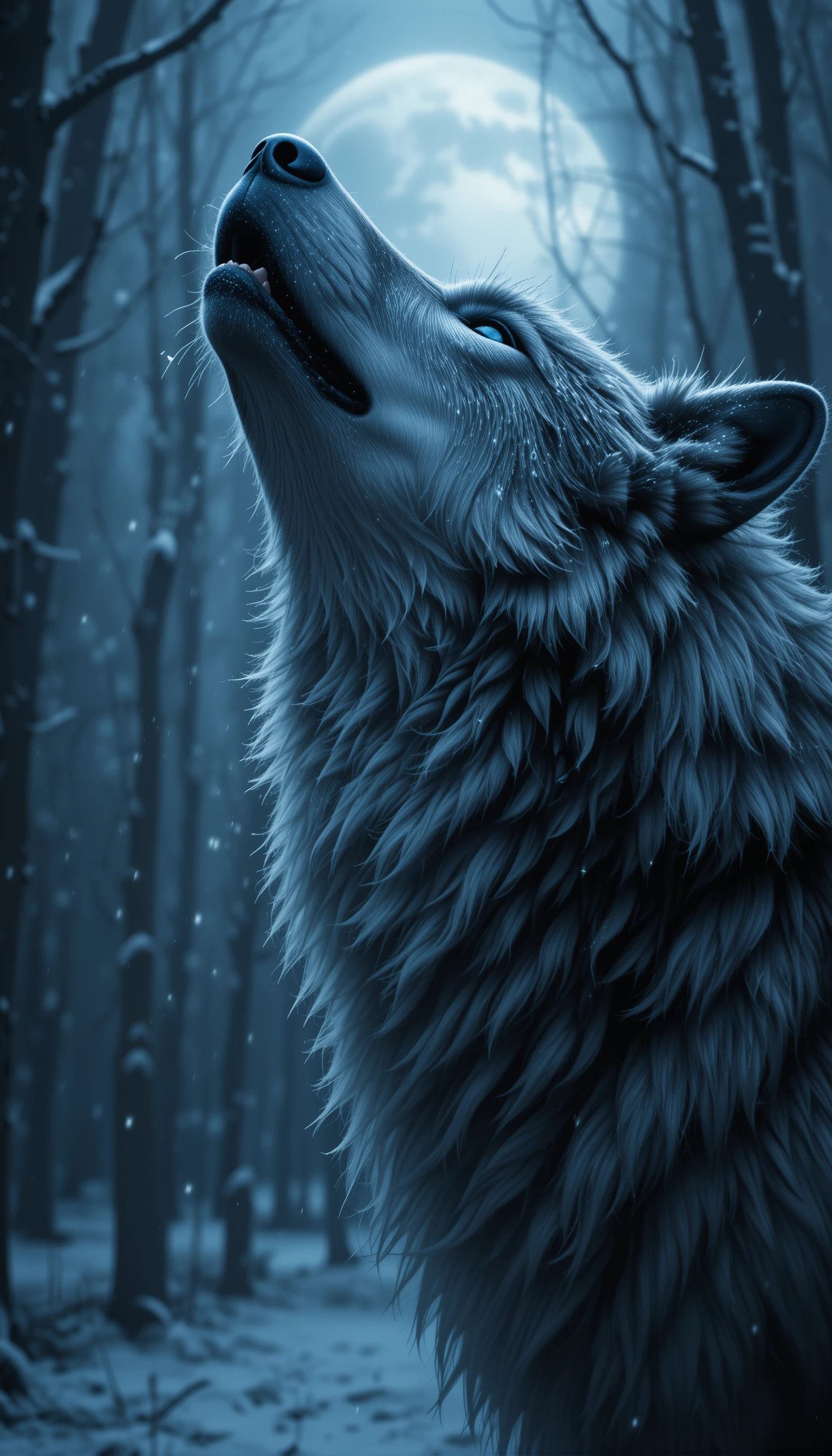 Close-up de lobo uivando em uma floresta de inverno escura