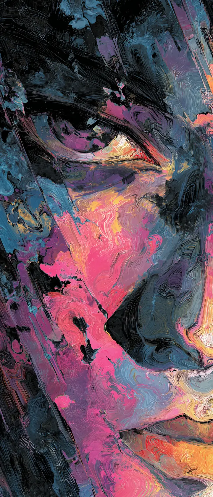 Surreales Porträt, das sich in wirbelnde emotionale Farben auflöst