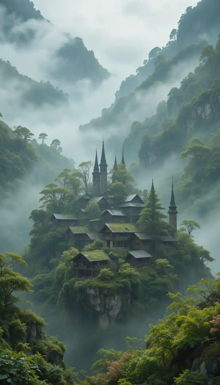 Surreal village merging with misty valley and nature forms