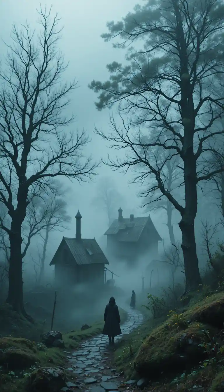 Village brumeux où les formes humaines se fondent dans le paysage