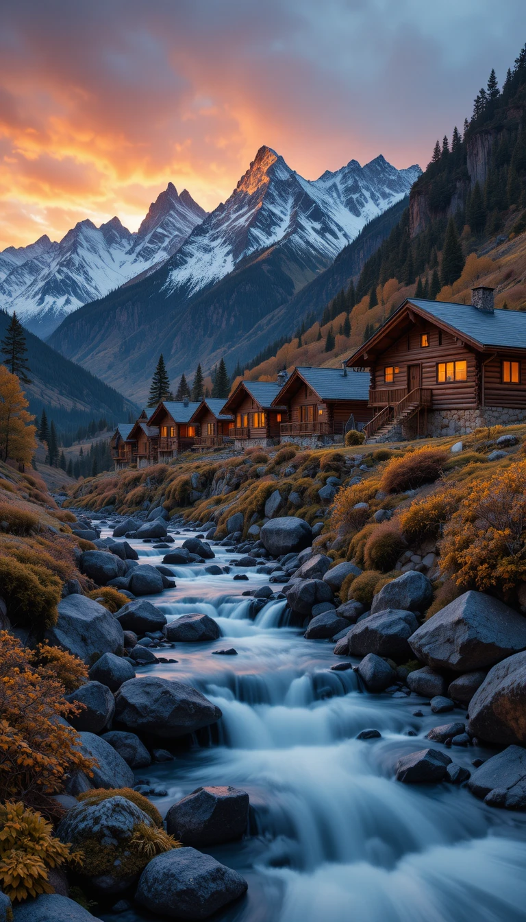 Rustic alpine village cabins glowing at golden hour