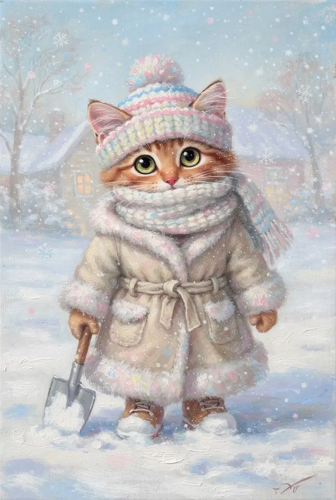 Adorable chaton en manteau d’hiver avec pelle dans la neige
