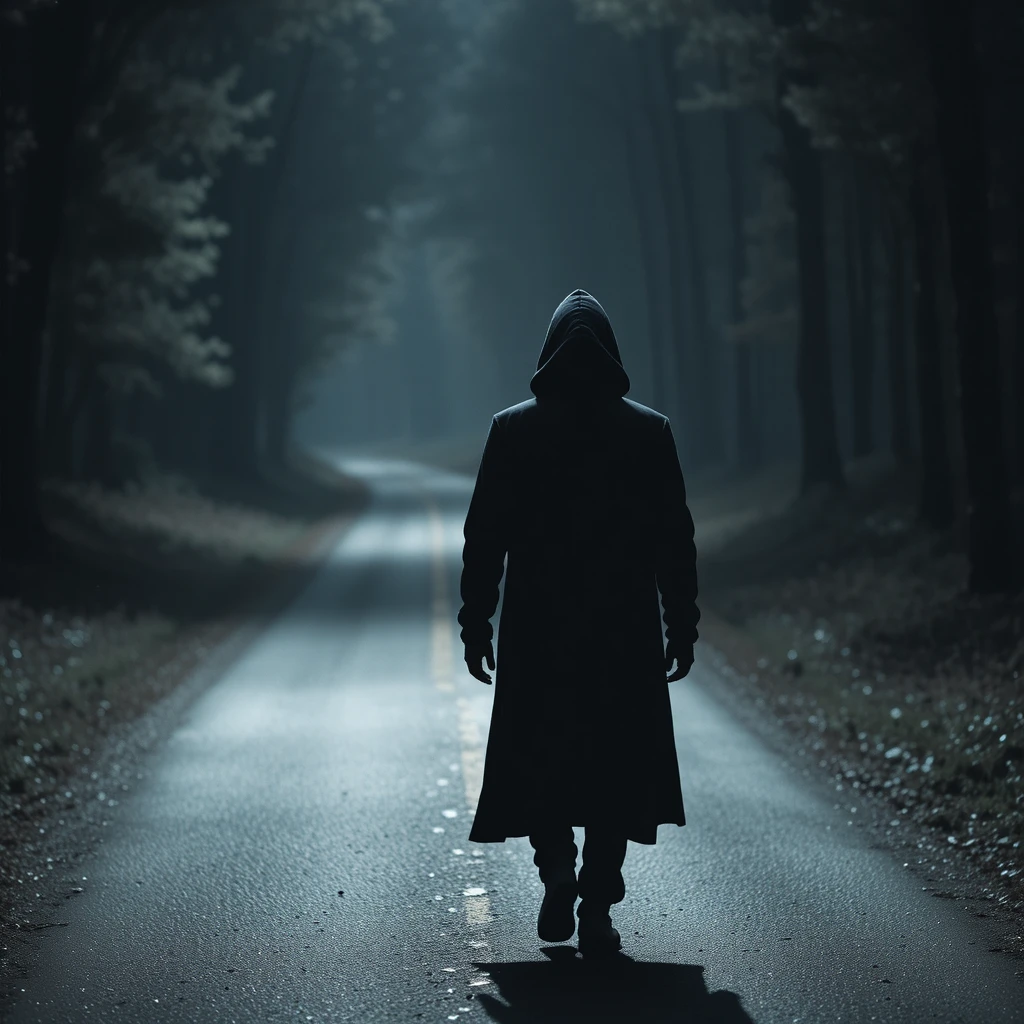 Man On Dark Road With Faint Hooded Ghostly Figure