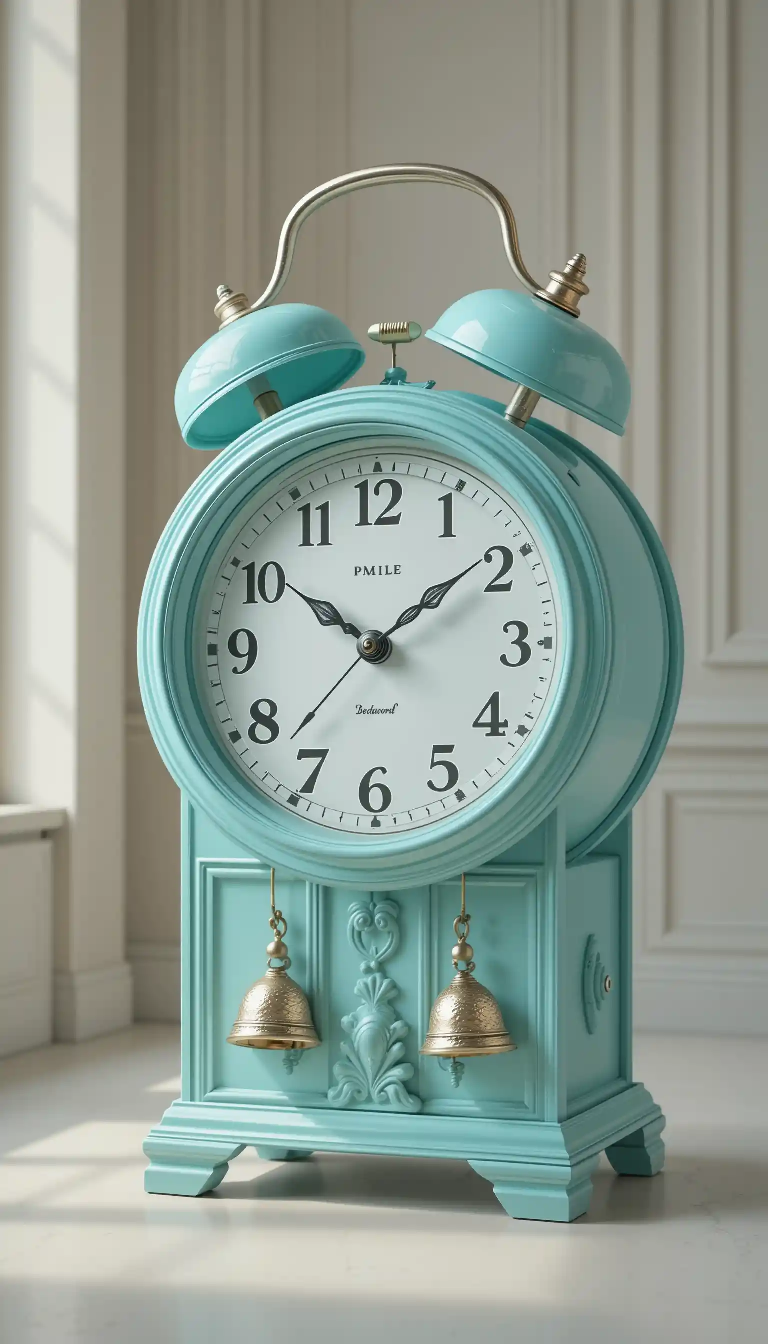 Elegant turquoise alarm clock in a serene interior room