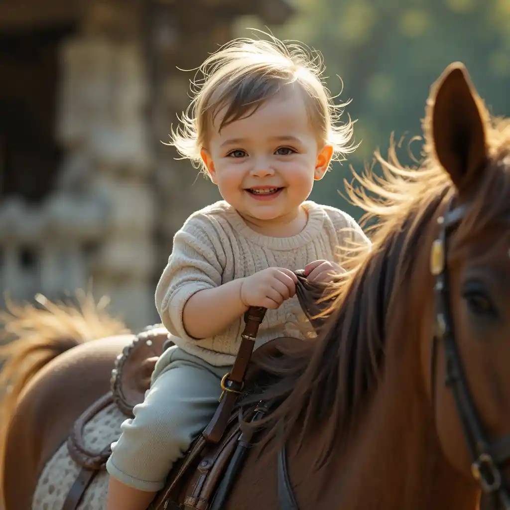 Bebê sorridente montando um cavalo marrom à luz do dia no campo